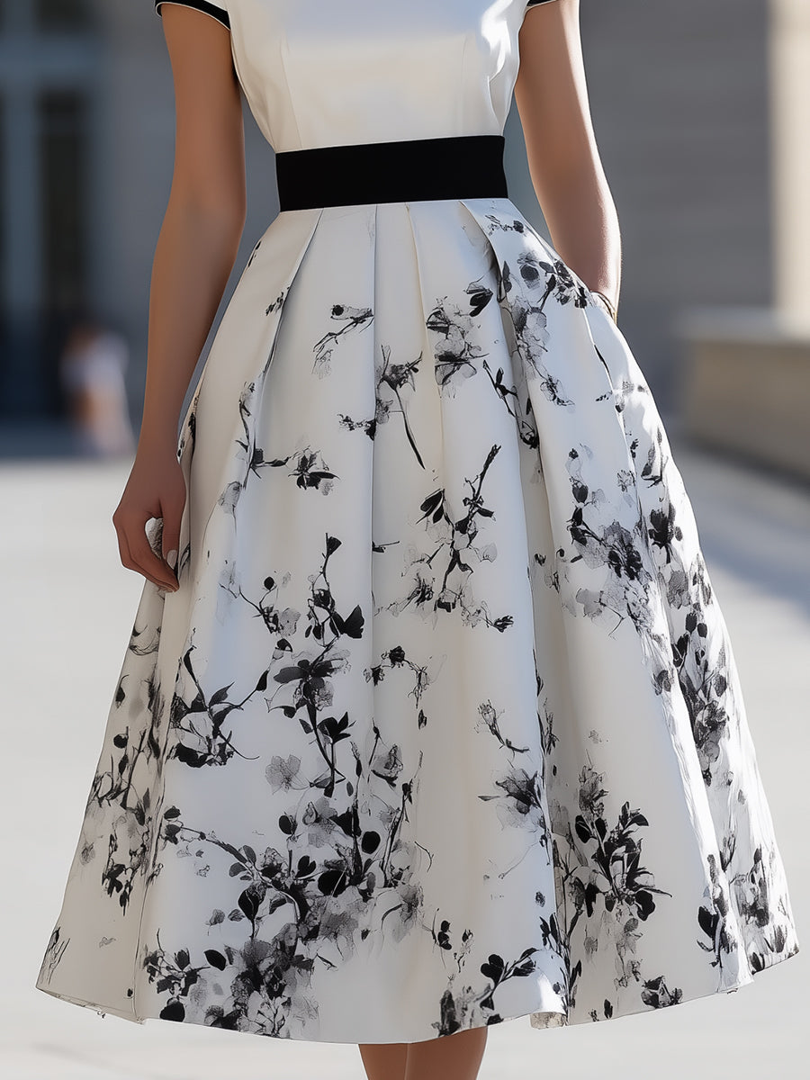 Olivia Bennet | Elegant White Black Ink Floral Print Boat Neck Flared Midi Dress