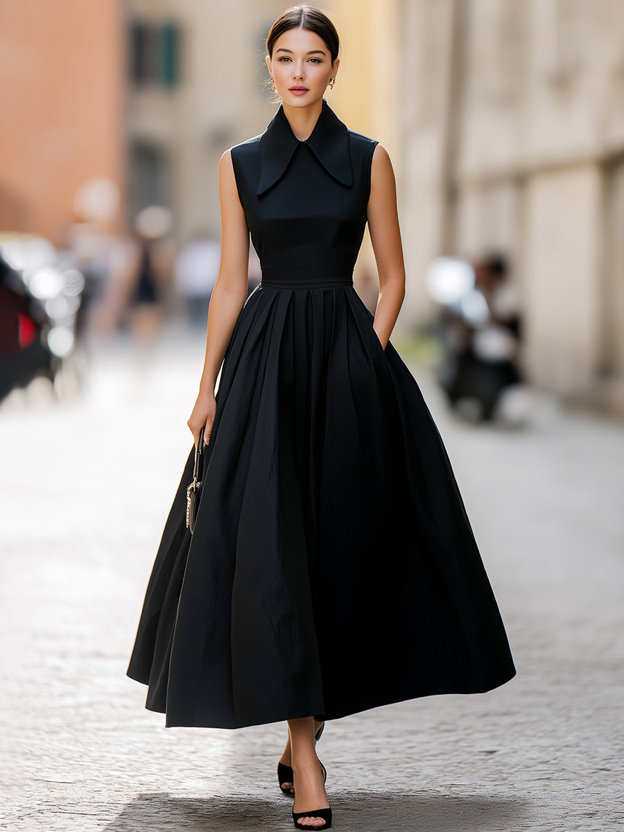 Olivia Bennet | Structured Collar Sleeveless Pleated Midi Dress