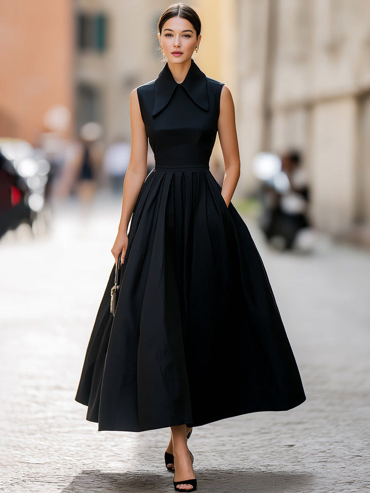 Olivia Bennet | Structured Collar Sleeveless Pleated Midi Dress