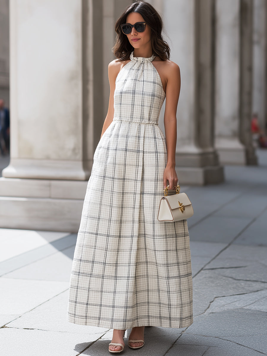 Olivia Bennet | Ruffled Halter Neck Plaid A-Line Maxi Dress