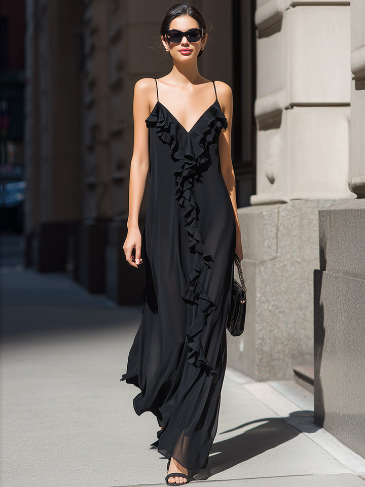 Olivia Bennet | Ruffled V-Neck Spaghetti Strap Flowing Maxi Dress