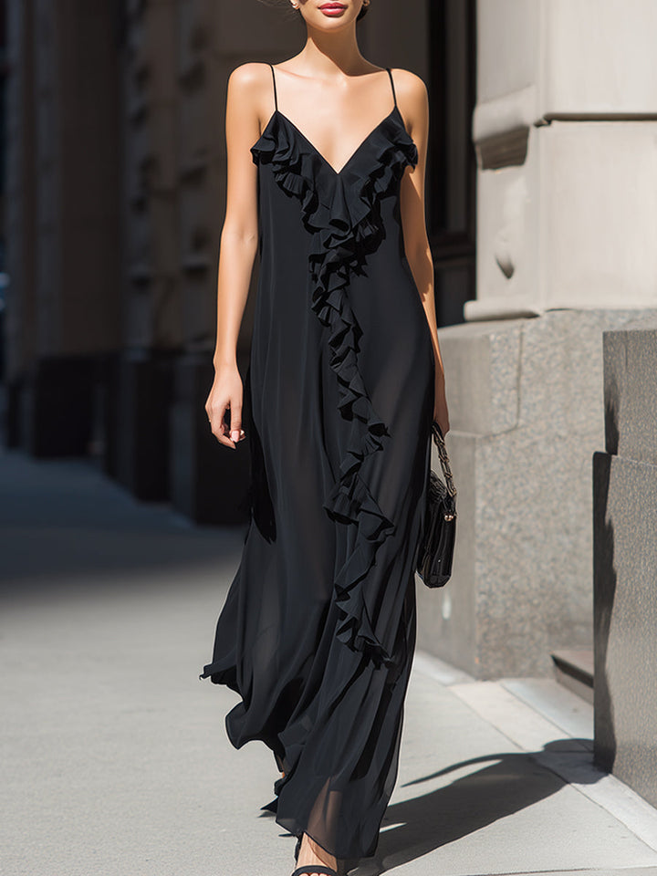 Olivia Bennet | Ruffled V-Neck Spaghetti Strap Flowing Maxi Dress