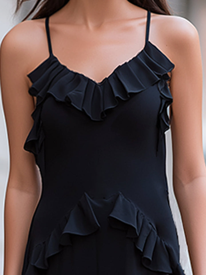 Olivia Bennet | Ruffled Trim Spaghetti Strap Sheer Overlay Maxi Dress