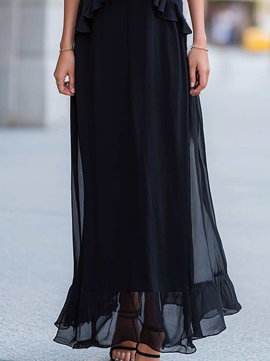 Olivia Bennet | Ruffled Trim Spaghetti Strap Sheer Overlay Maxi Dress