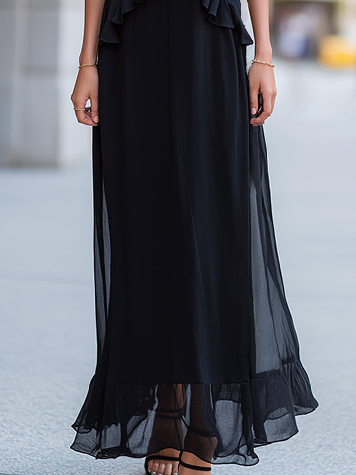 Olivia Bennet | Ruffled Trim Spaghetti Strap Sheer Overlay Maxi Dress