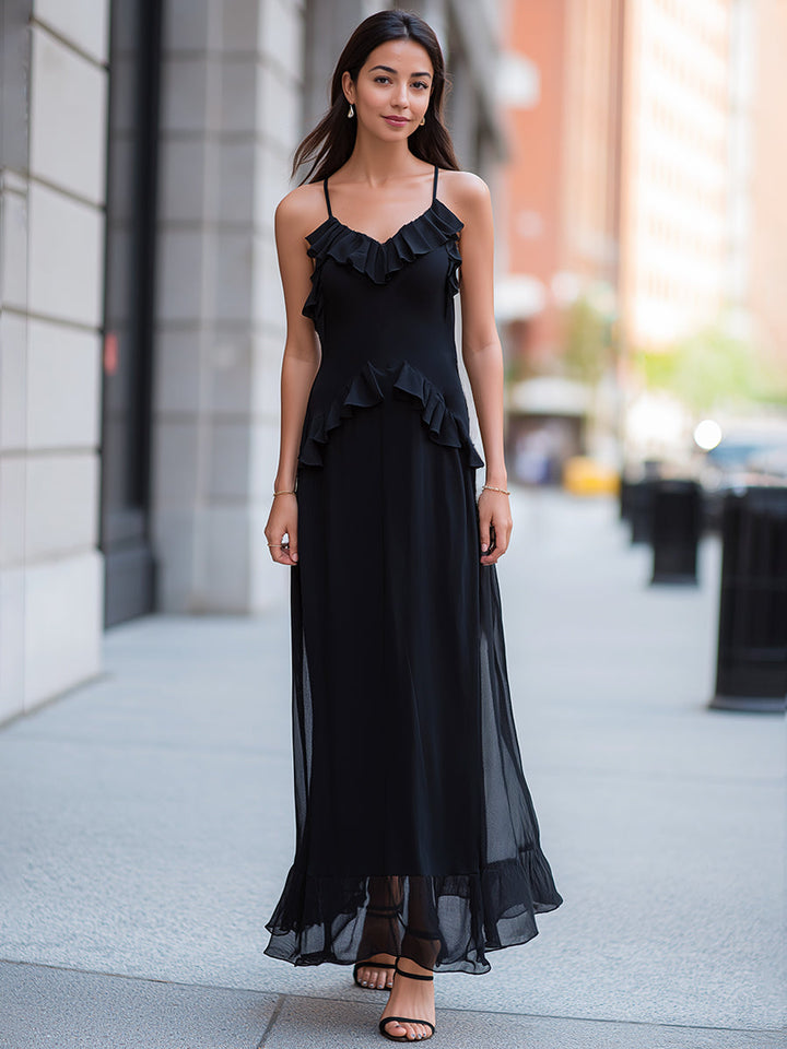 Olivia Bennet | Ruffled Trim Spaghetti Strap Sheer Overlay Maxi Dress