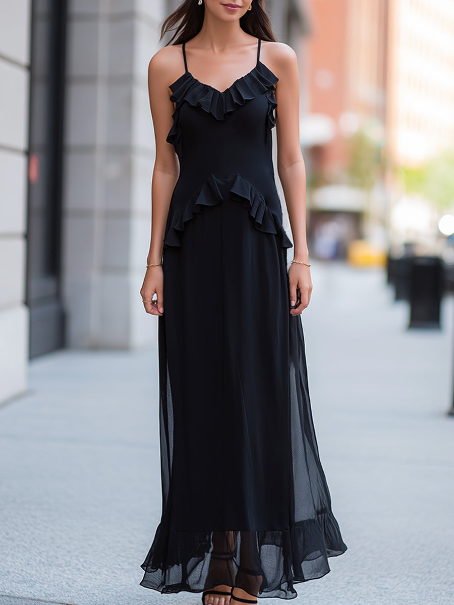 Olivia Bennet | Ruffled Trim Spaghetti Strap Sheer Overlay Maxi Dress