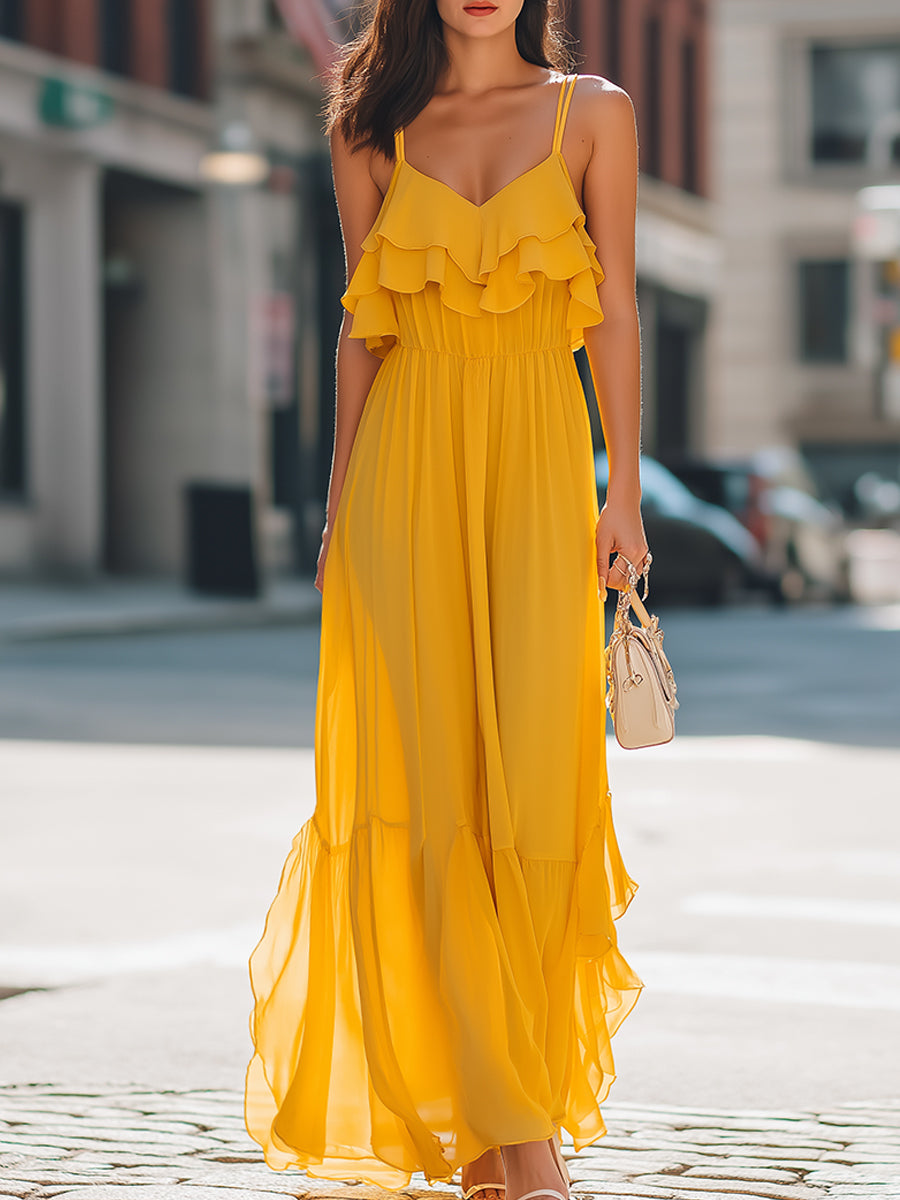 Olivia Bennet | Layered Ruffle Spaghetti Strap Flowing Maxi Dress