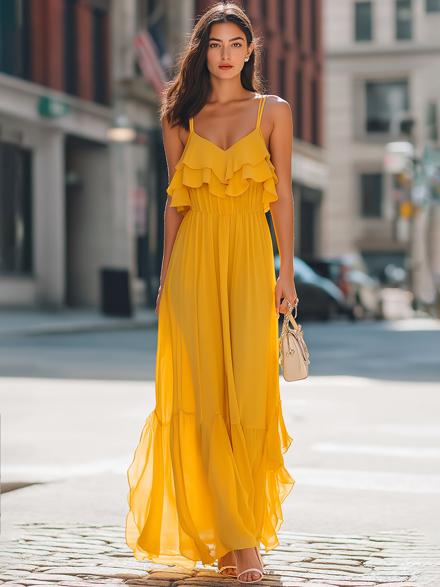 Olivia Bennet | Layered Ruffle Spaghetti Strap Flowing Maxi Dress