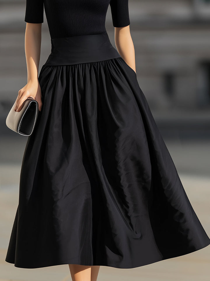 Olivia Bennet | Black Mock Neck Knit Contrast Waist Flared Midi Dress