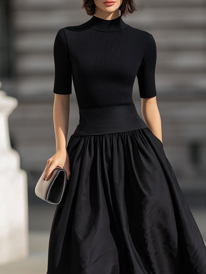 Olivia Bennet | Black Mock Neck Knit Contrast Waist Flared Midi Dress