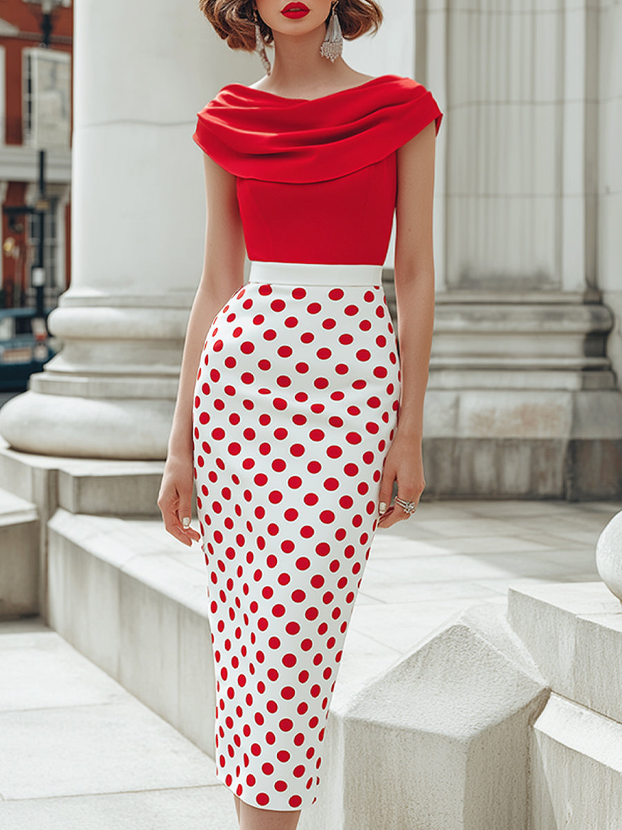 Olivia Bennet | Off-Shoulder Draped Bodice Polka Dot Pencil Midi Dress