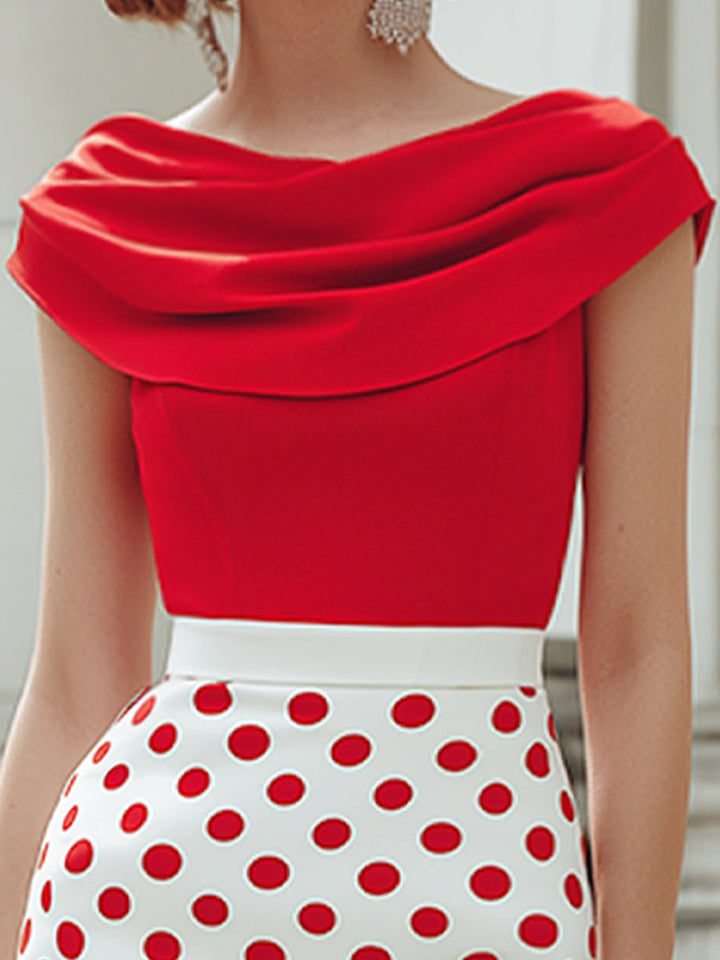 Olivia Bennet | Off-Shoulder Draped Bodice Polka Dot Pencil Midi Dress