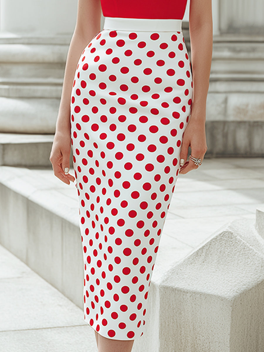 Olivia Bennet | Off-Shoulder Draped Bodice Polka Dot Pencil Midi Dress