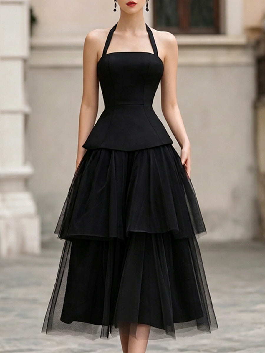 Olivia Bennet | Halter Neck Structured Tiered Tulle Midi Dress
