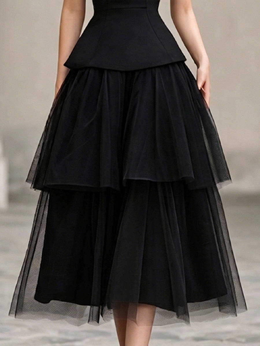 Olivia Bennet | Halter Neck Structured Tiered Tulle Midi Dress