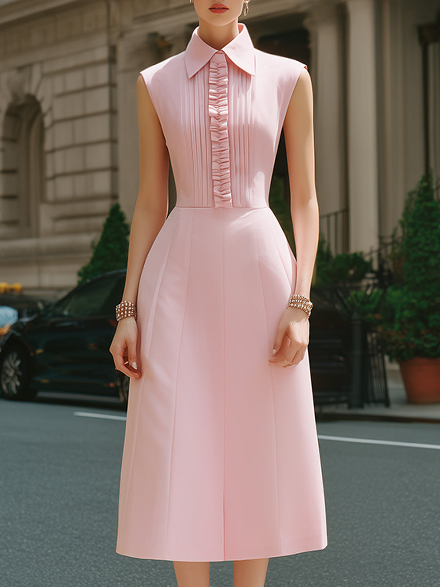 Olivia Bennet | Sleeveless Ruffle Placket Structured Midi Shirt Dress