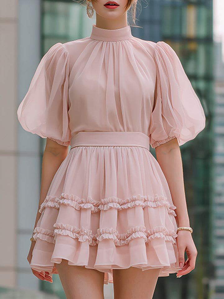 Olivia Bennet | High Neck Puff Sleeve Tiered Ruffle Mini Dress