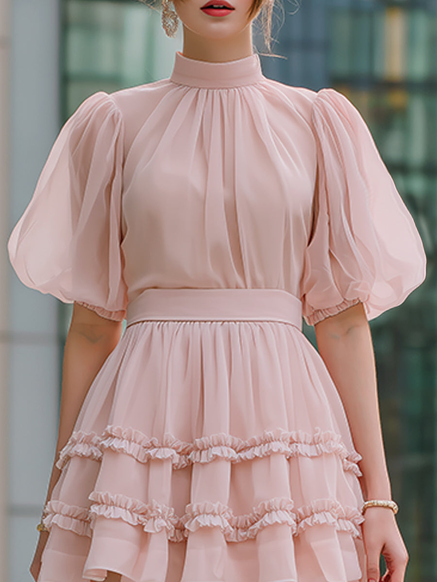 Olivia Bennet | High Neck Puff Sleeve Tiered Ruffle Mini Dress