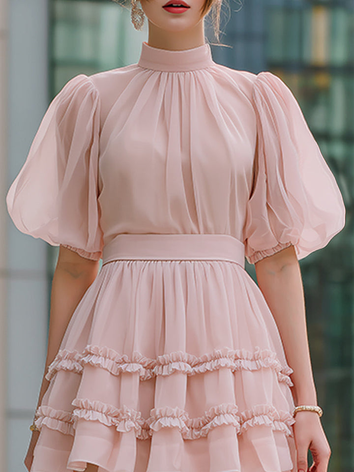 Olivia Bennet | High Neck Puff Sleeve Tiered Ruffle Mini Dress
