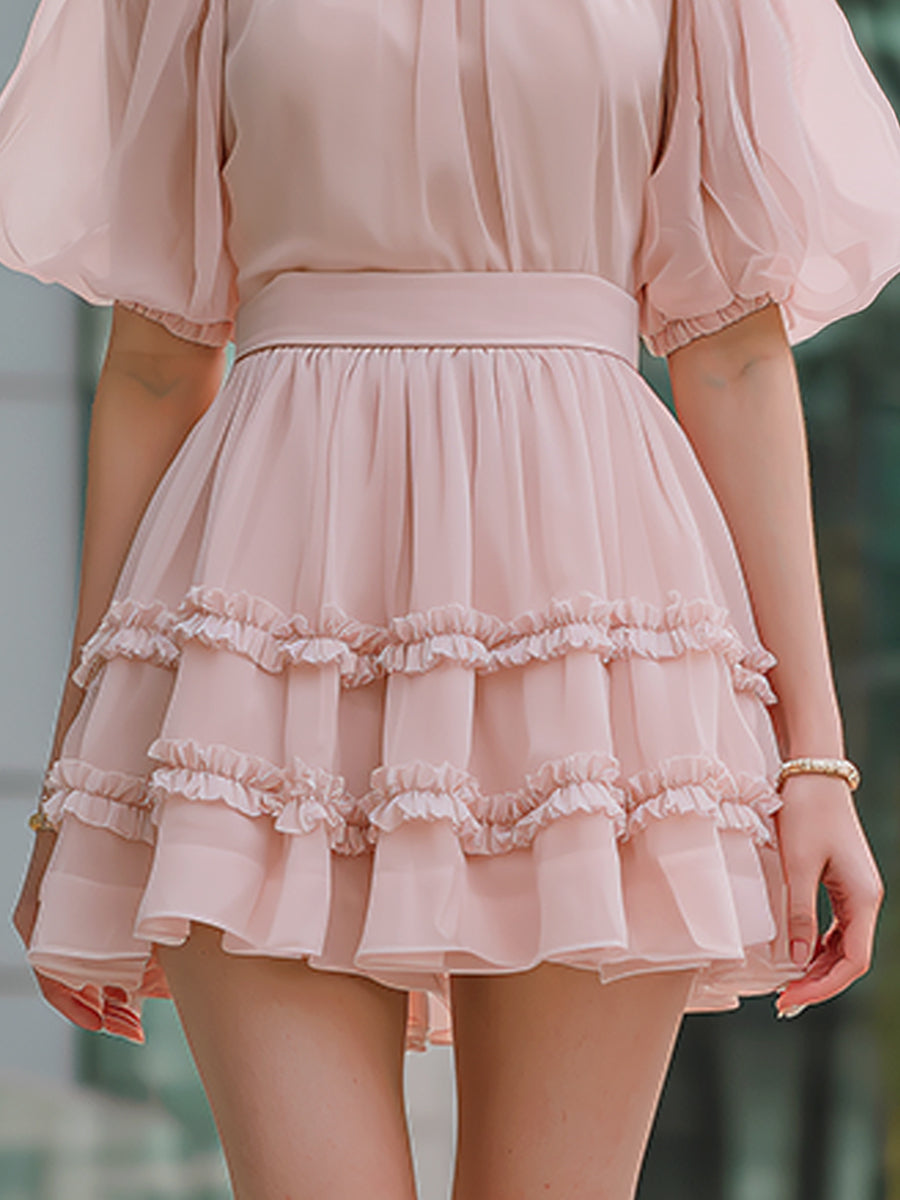 Olivia Bennet | High Neck Puff Sleeve Tiered Ruffle Mini Dress