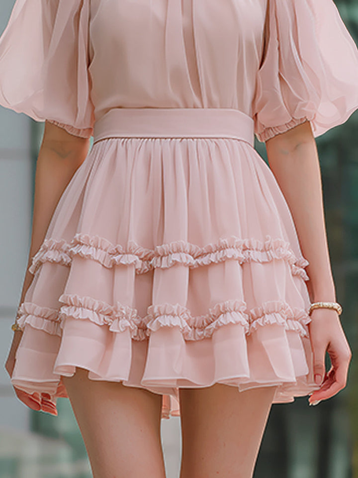 Olivia Bennet | High Neck Puff Sleeve Tiered Ruffle Mini Dress