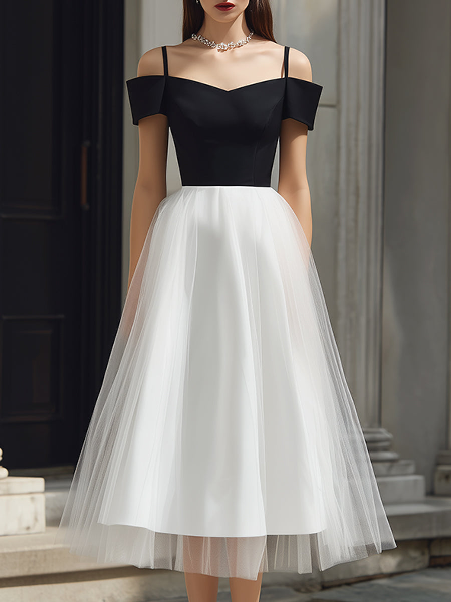 Olivia Bennet | Off-Shoulder Strap Detail Tulle A-Line Midi Dress