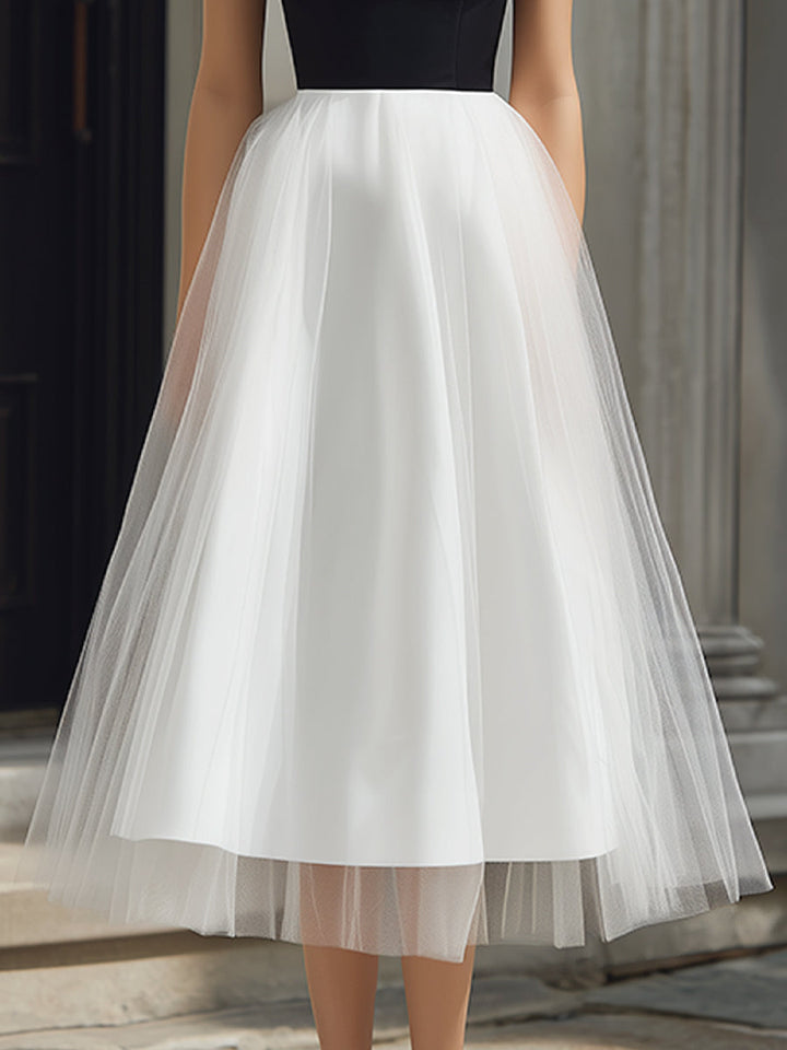 Olivia Bennet | Off-Shoulder Strap Detail Tulle A-Line Midi Dress