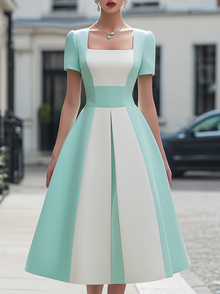 Olivia Bennet | Square Neck Contrast Panel Structured A-Line Midi Dress