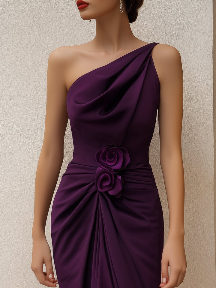 Olivia Bennet | One-Shoulder Draped Floral Accent Midi Dress