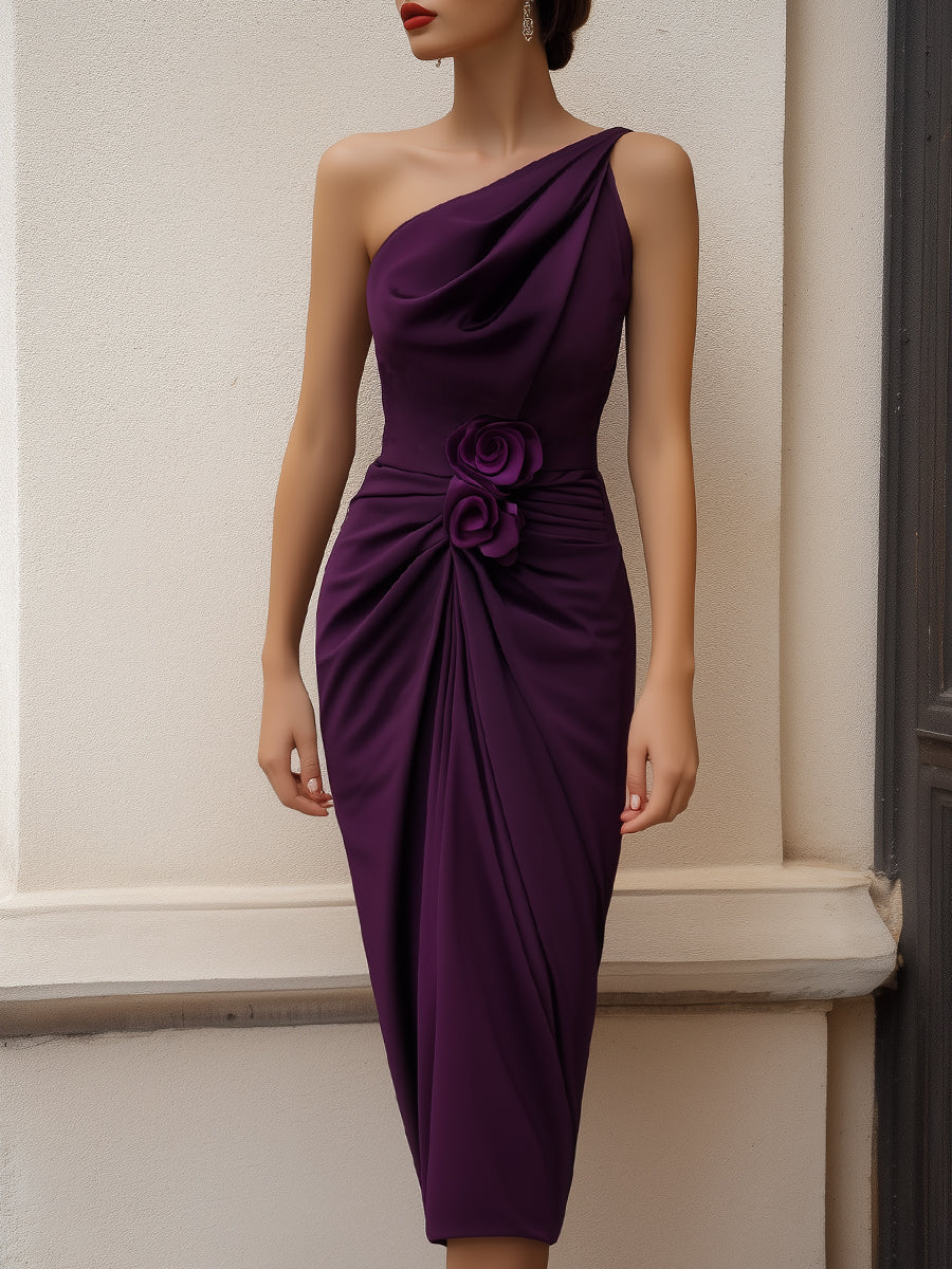 Olivia Bennet | One-Shoulder Draped Floral Accent Midi Dress