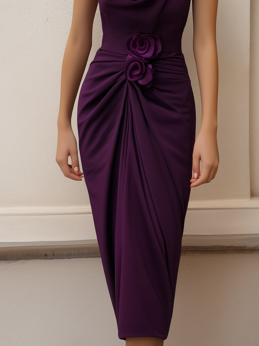 Olivia Bennet | One-Shoulder Draped Floral Accent Midi Dress