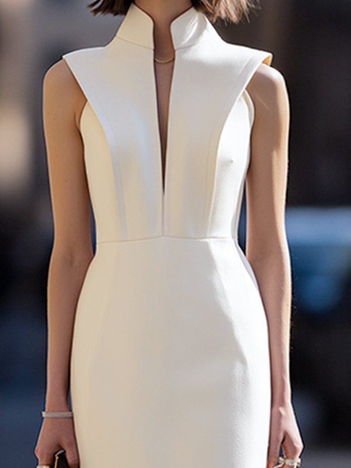 Olivia Bennet | Structured High-Neck Sculpted Column Midi Dress