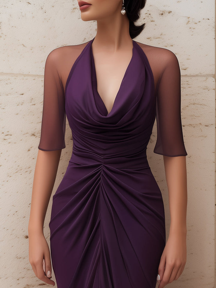 Olivia Bennet | Sheer Sleeve Draped Ruched High-Slit Maxi Dress