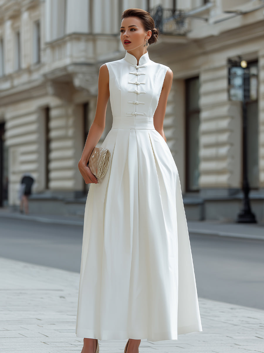 Olivia Bennet | Mandarin Collar Frog Button Pleated A-Line Maxi Dress