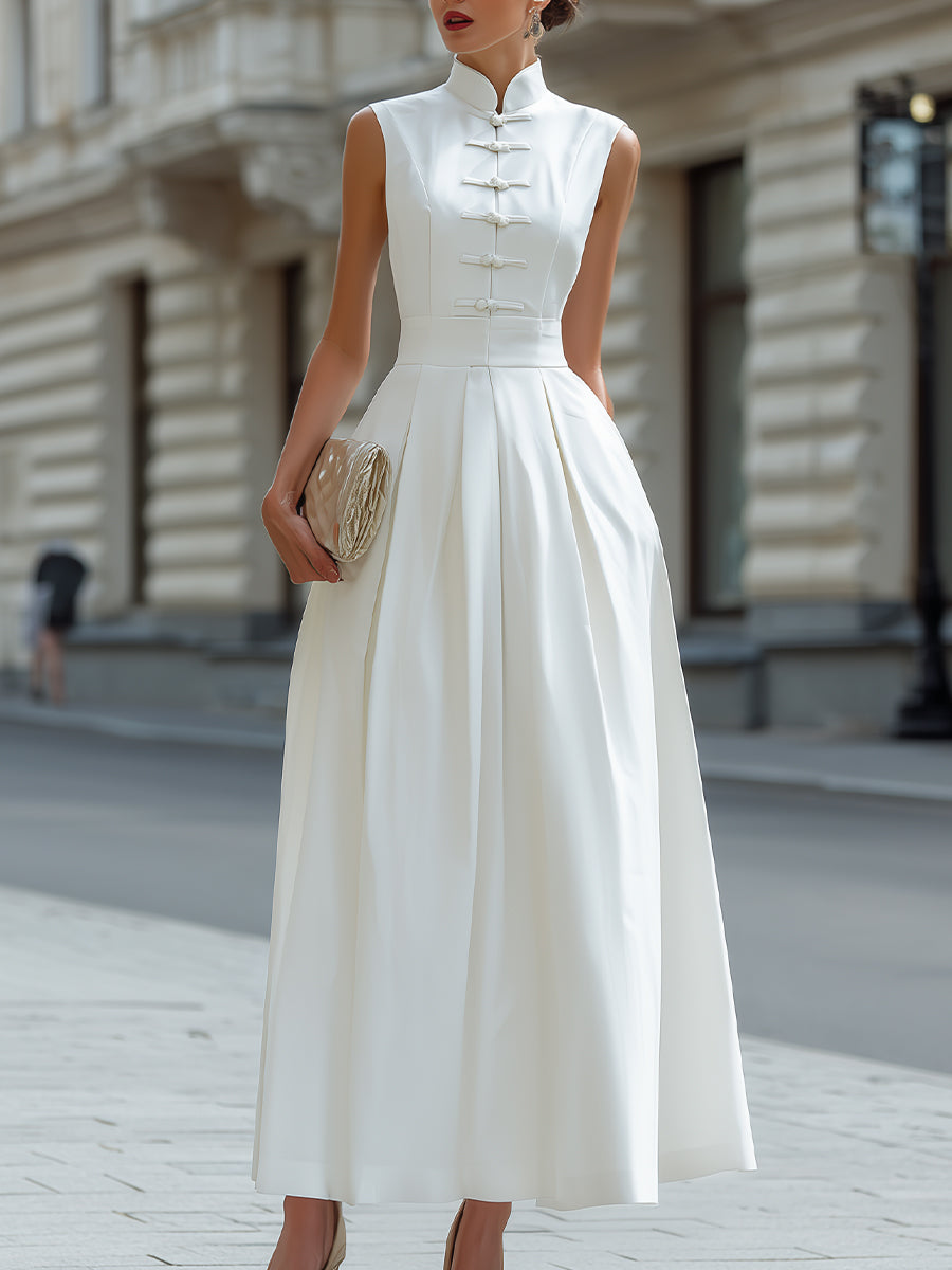 Olivia Bennet | Mandarin Collar Frog Button Pleated A-Line Maxi Dress