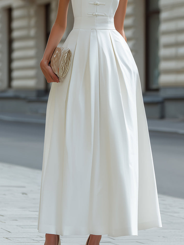 Olivia Bennet | Mandarin Collar Frog Button Pleated A-Line Maxi Dress