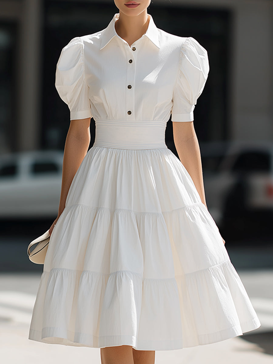 Olivia Bennet | Puff Sleeve Button-Front Tiered A-Line Mini Dress