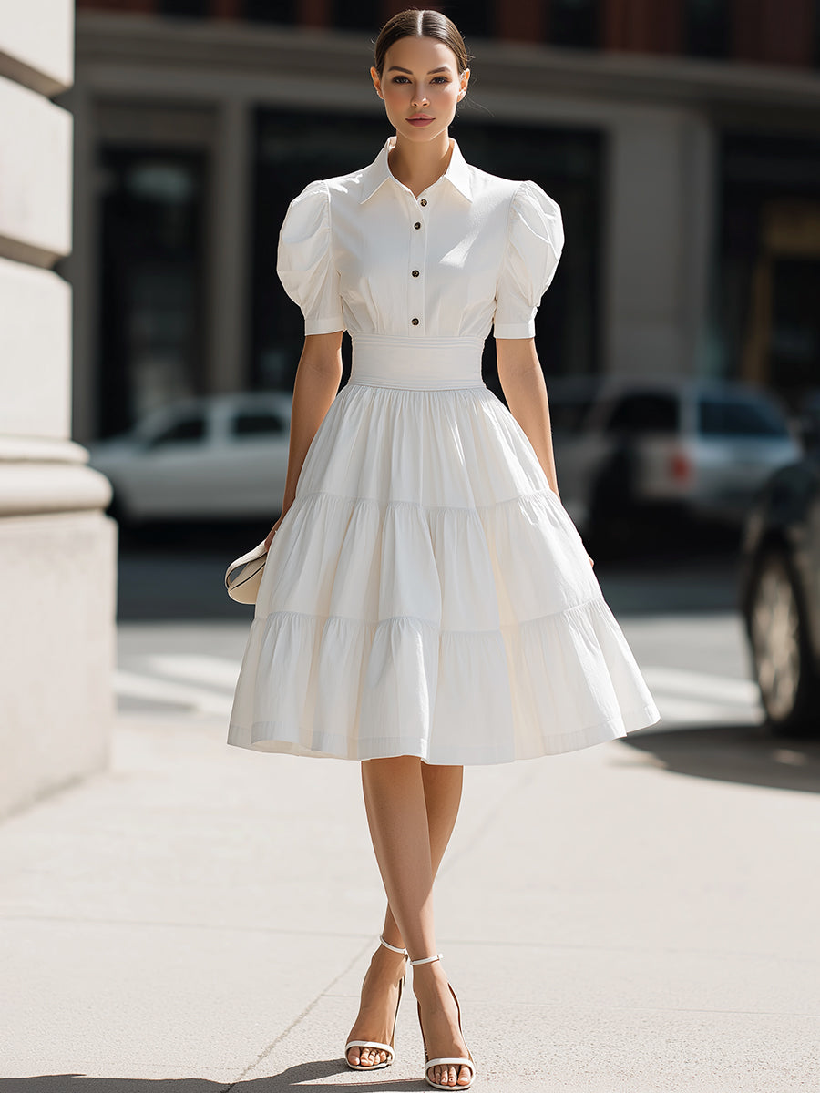 Olivia Bennet | Puff Sleeve Button-Front Tiered A-Line Mini Dress