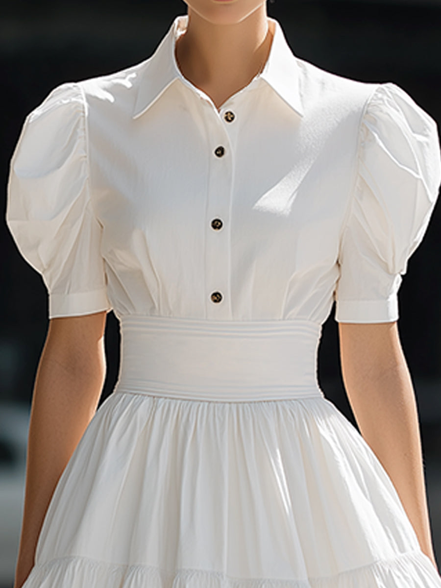 Olivia Bennet | Puff Sleeve Button-Front Tiered A-Line Mini Dress