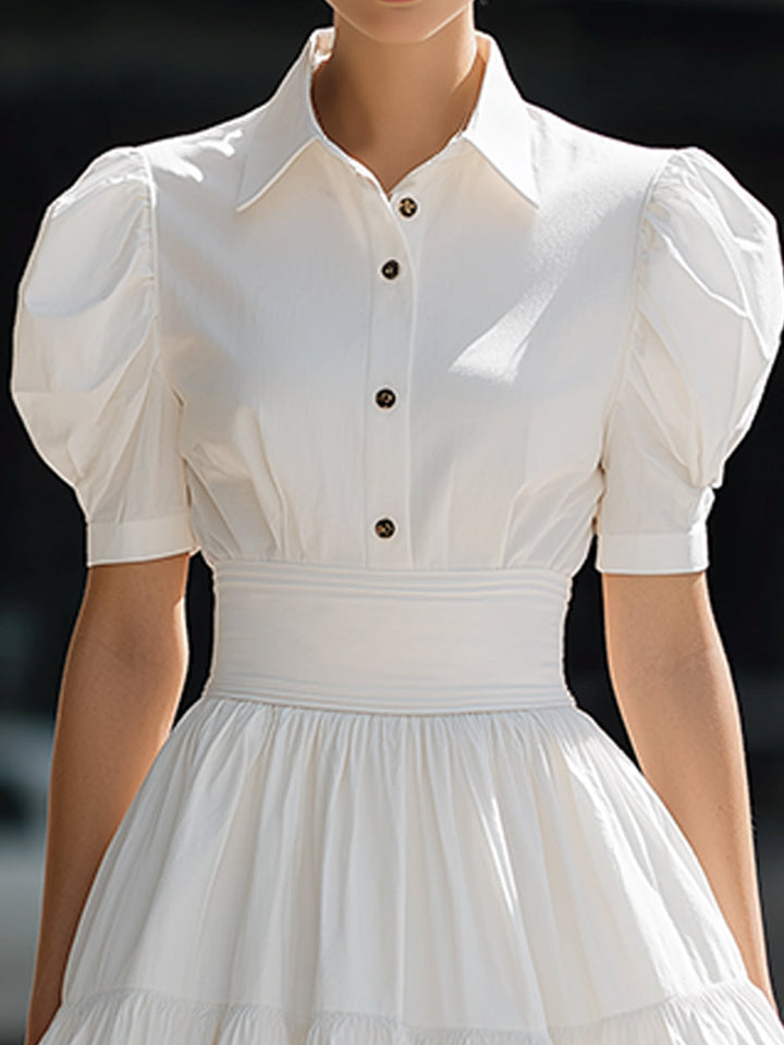Olivia Bennet | Puff Sleeve Button-Front Tiered A-Line Mini Dress