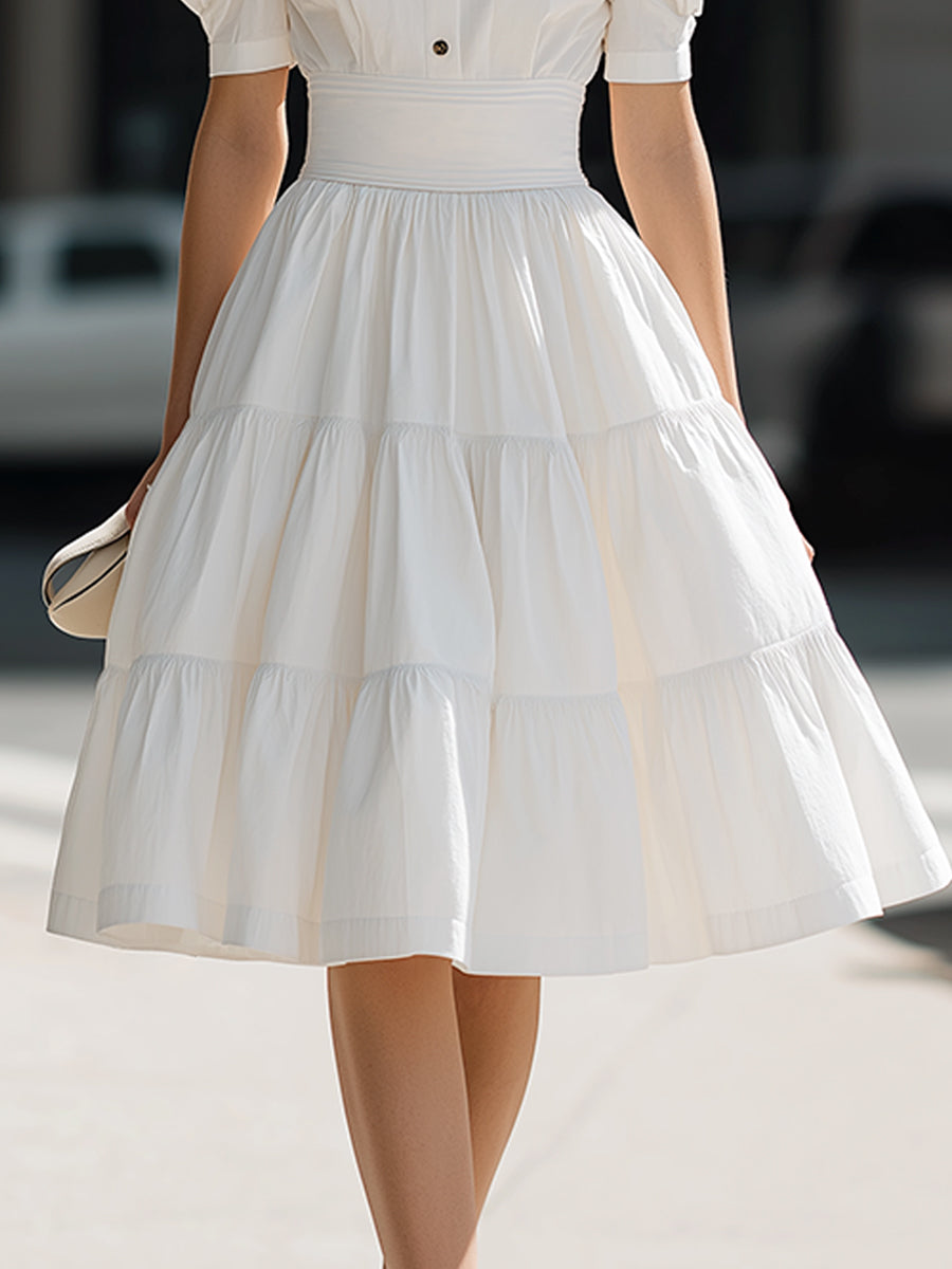 Olivia Bennet | Puff Sleeve Button-Front Tiered A-Line Mini Dress