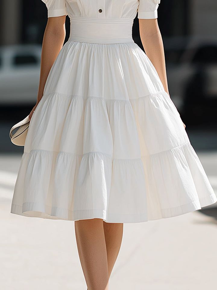 Olivia Bennet | Puff Sleeve Button-Front Tiered A-Line Mini Dress