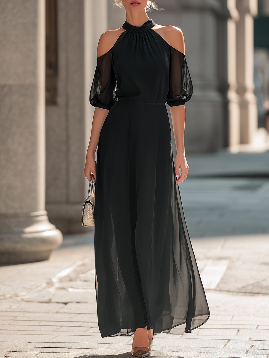 Olivia Bennet | Off-Shoulder Halterneck Sheer Layered Dress