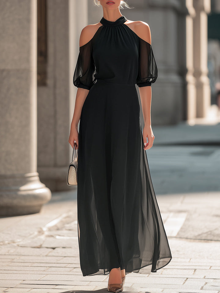 Olivia Bennet | Off-Shoulder Halterneck Sheer Layered Dress