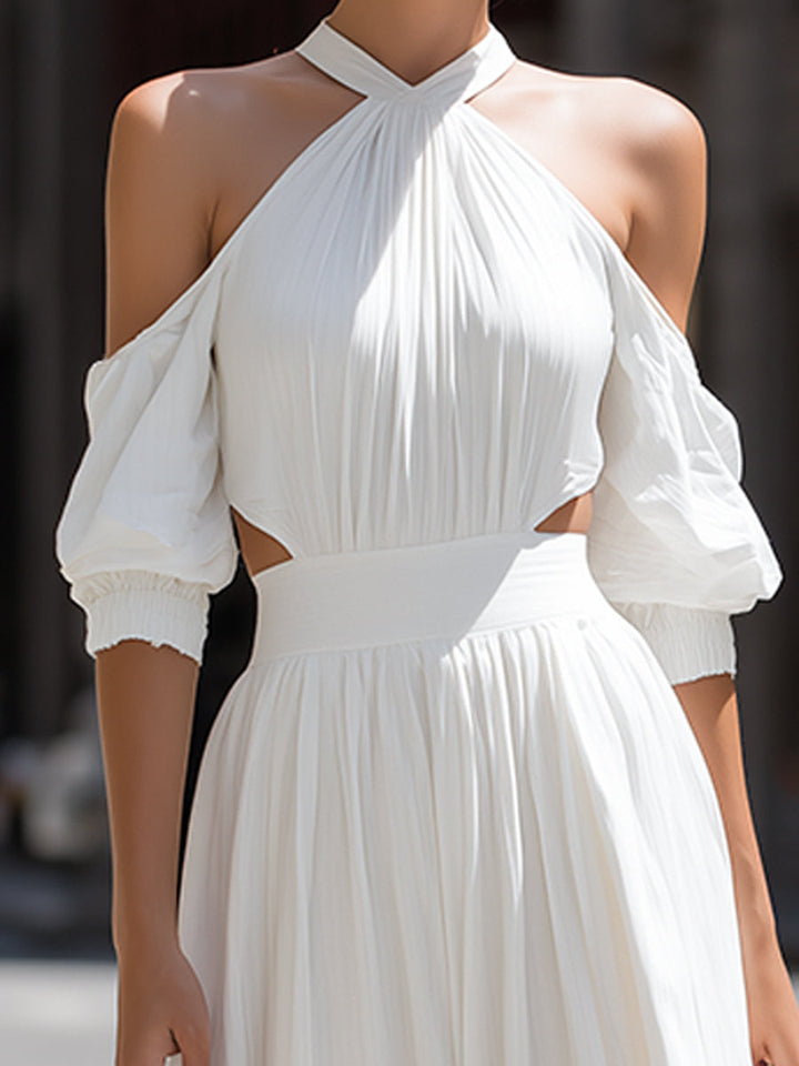 Olivia Bennet | Halter Neck Cutout Waist Pleated A-Line Midi Dress