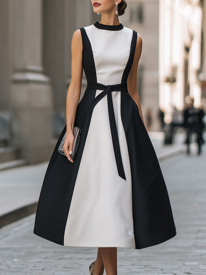 Olivia Bennet | Contrast Panel Sleeveless Belted A-Line Midi Dress