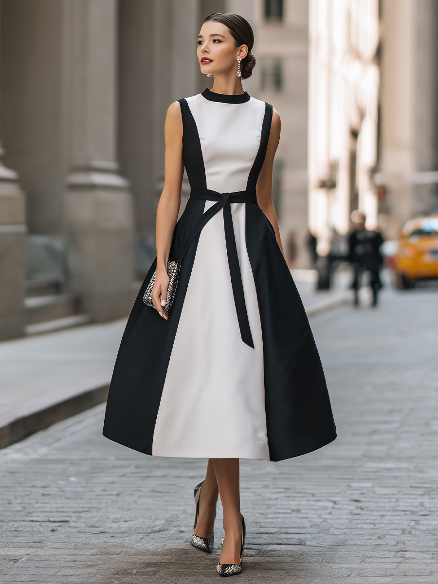 Olivia Bennet | Contrast Panel Sleeveless Belted A-Line Midi Dress