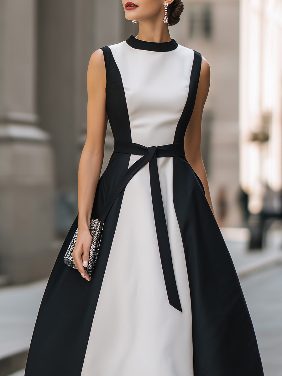 Olivia Bennet | Contrast Panel Sleeveless Belted A-Line Midi Dress