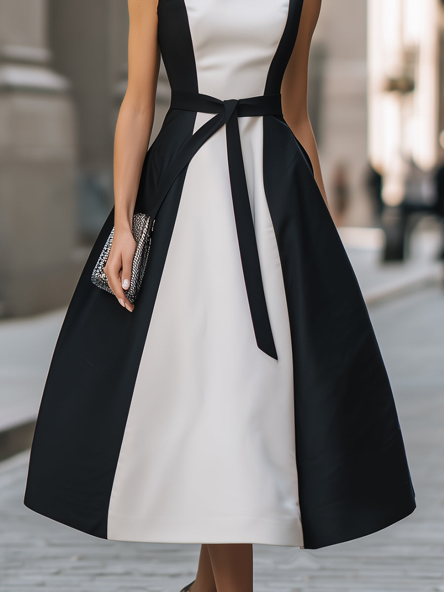 Olivia Bennet | Contrast Panel Sleeveless Belted A-Line Midi Dress